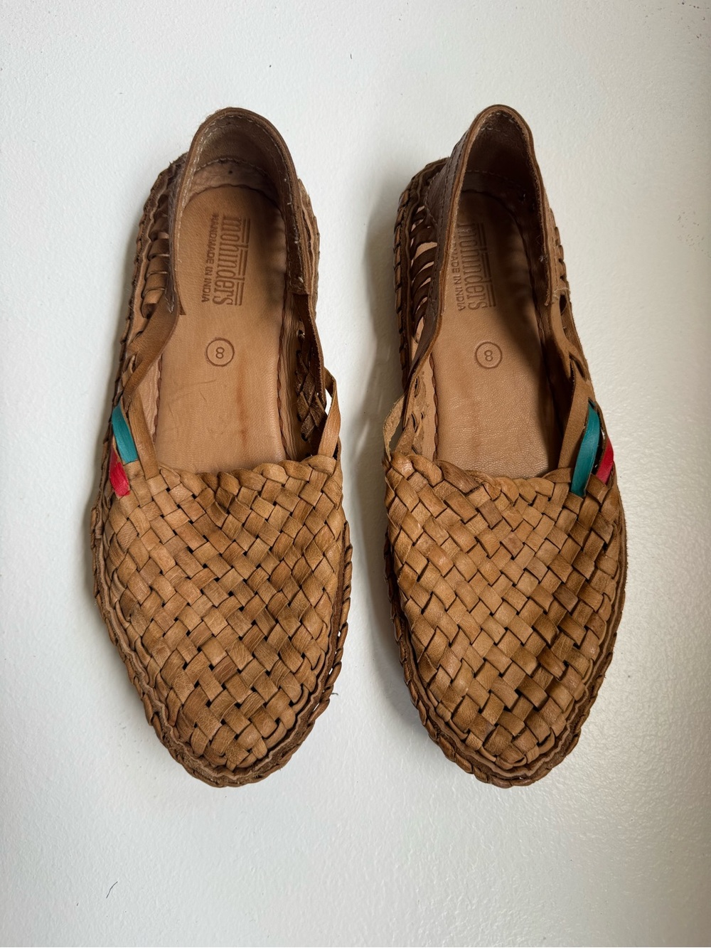 Artisan Woven Brown Leather Flats with Color Accent